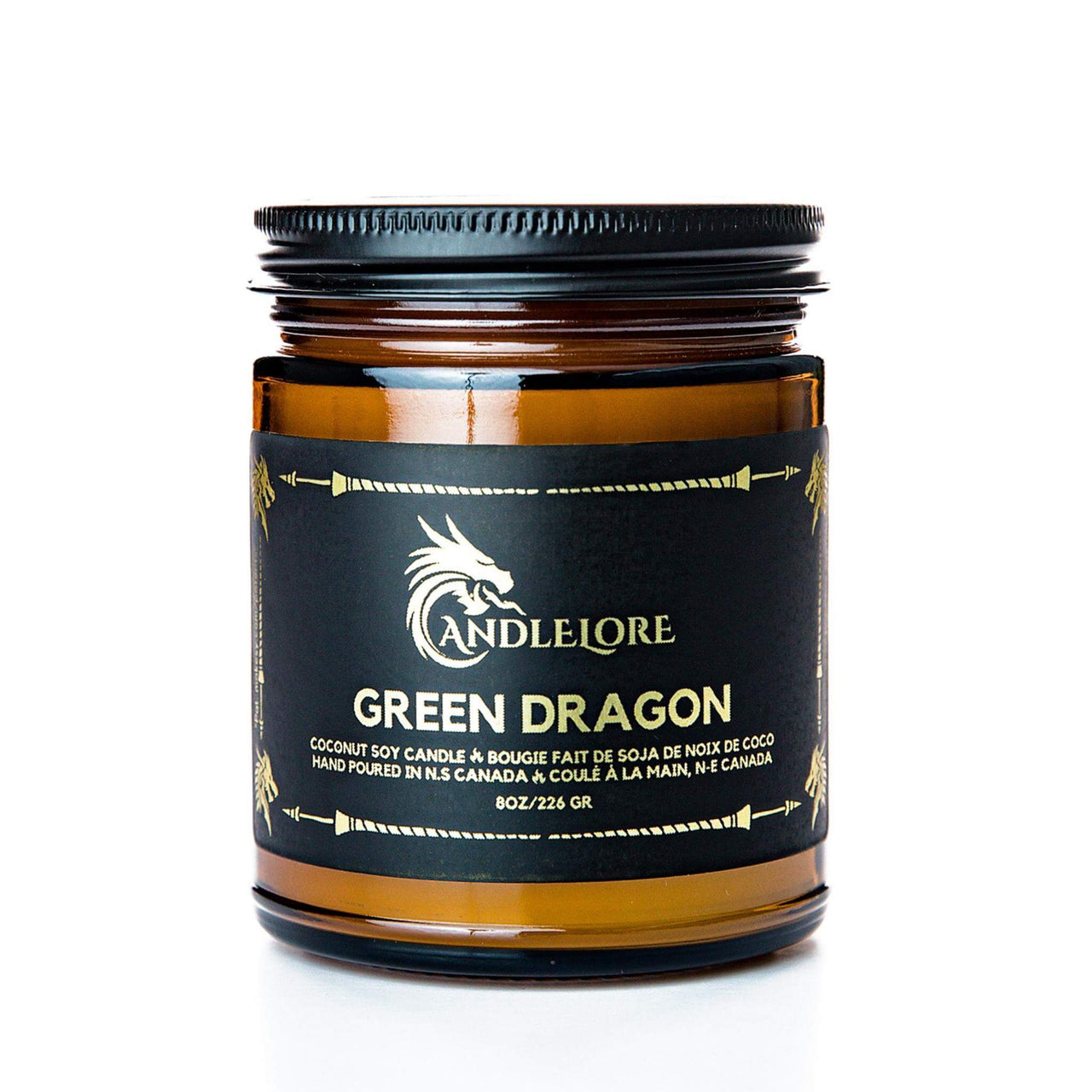 Medium Green Dragon scented candle on a white background