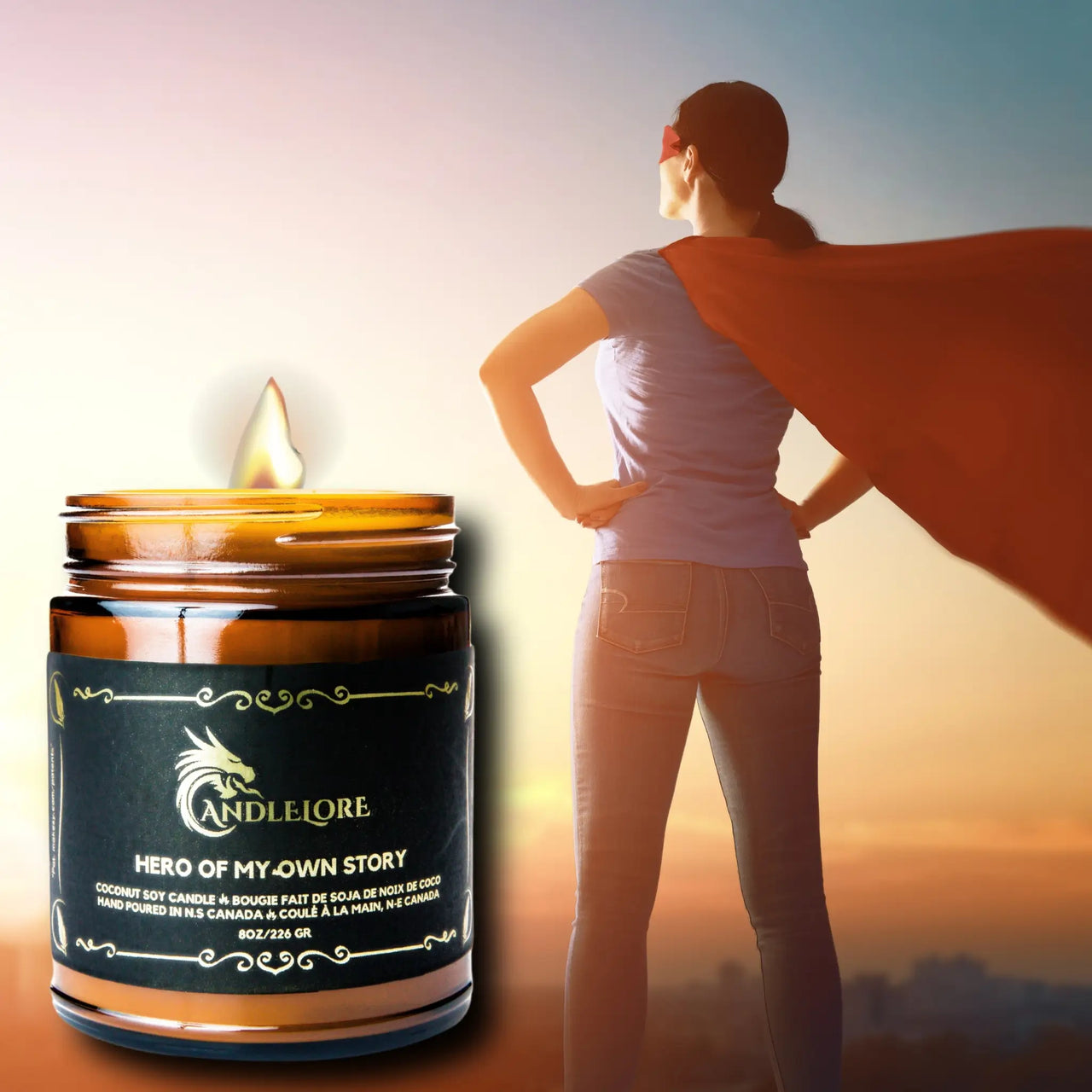 Hero of my own story candle with a woman super hero looking to the horizon