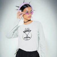 Thumbnail for woman wearing an In my Hockey Era long sleeve t-shirt in white