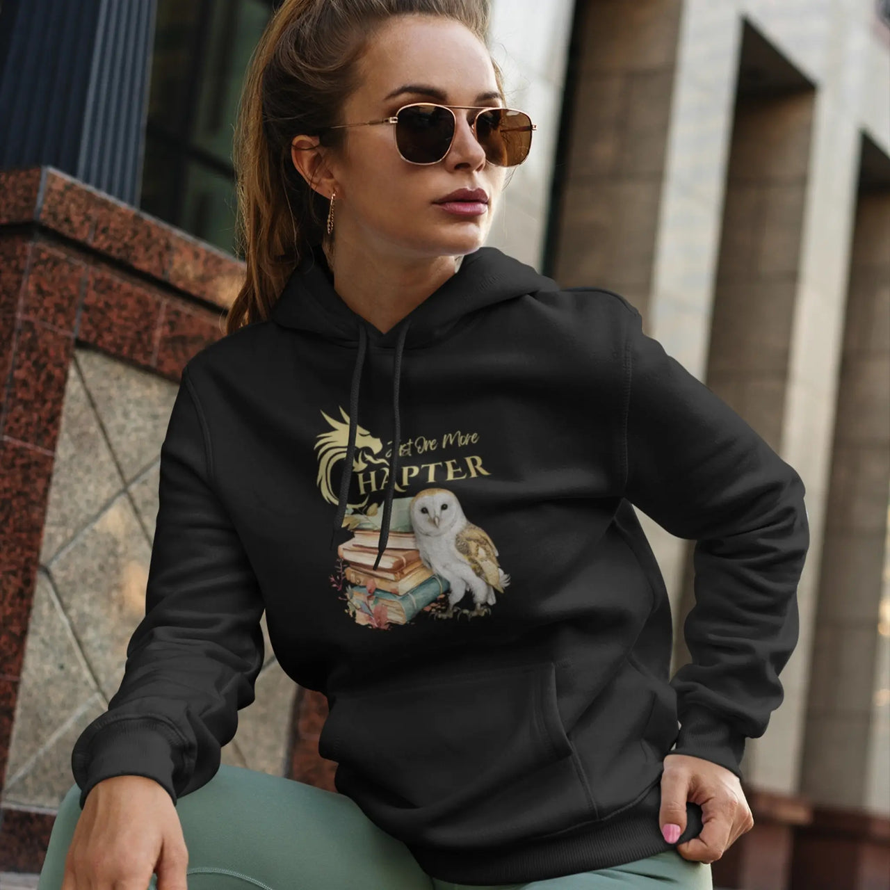 a woman with sunglasses relaxing in a Black Just one more chapter hoodie v3