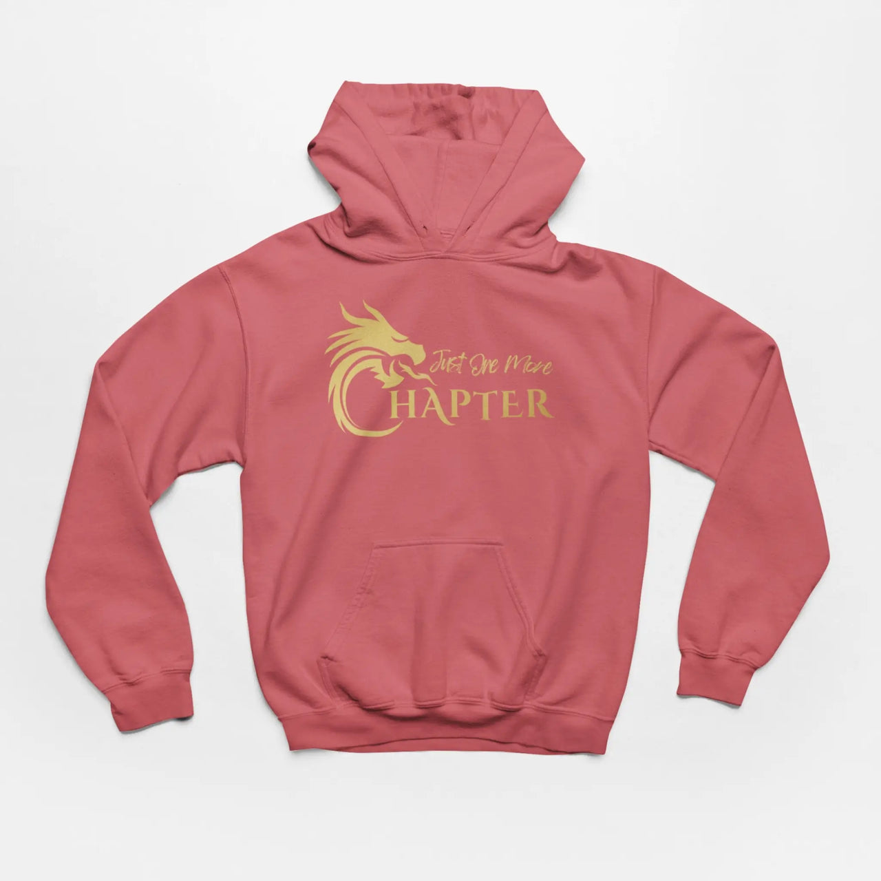 a dark pink Just One More Chapter Hoodie V1 with gold text