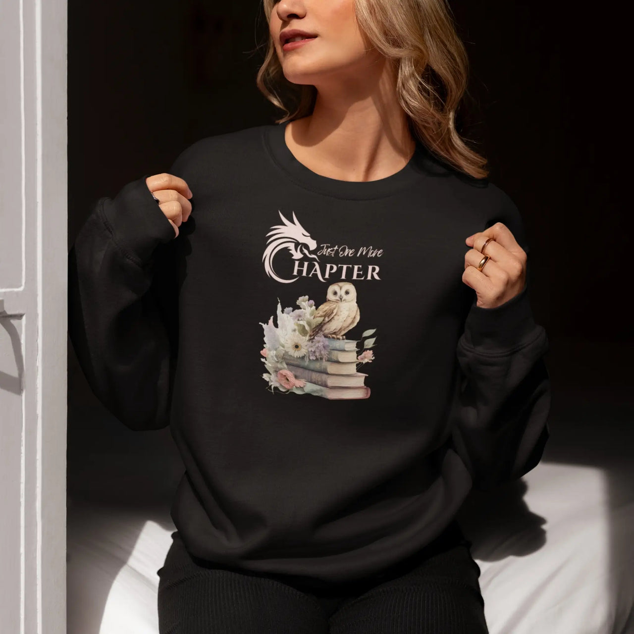 a woman wearing a Black Just one more chapter sweatshirt v3