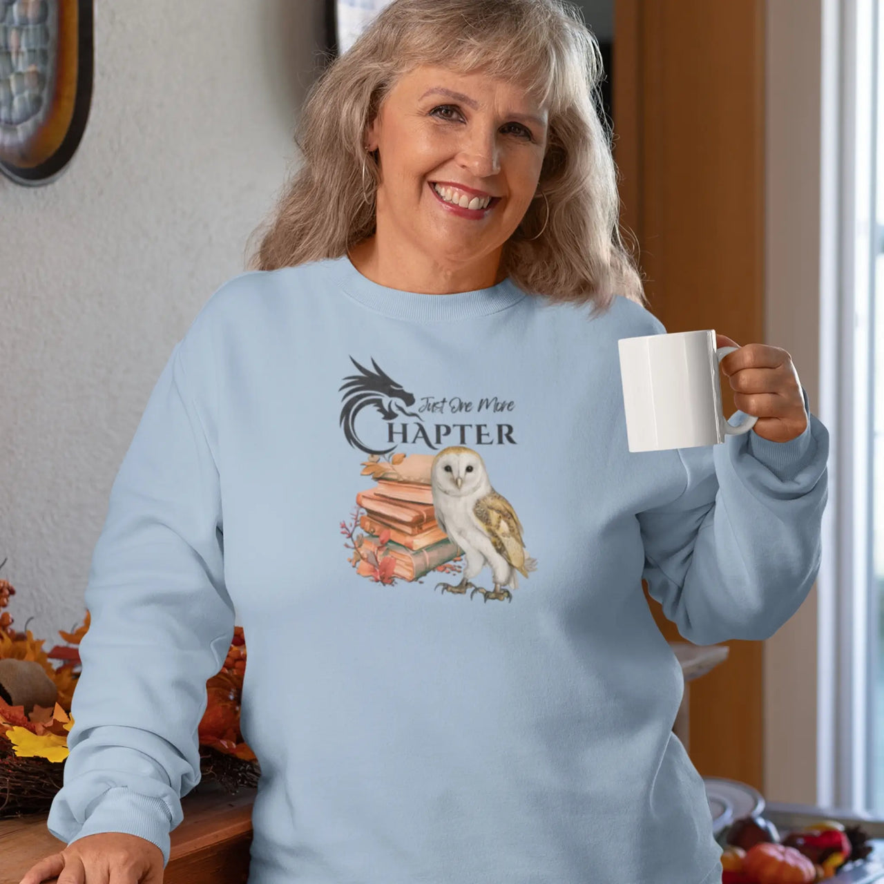 woman wearing a Light blue Just one more chapter sweatshirt v2