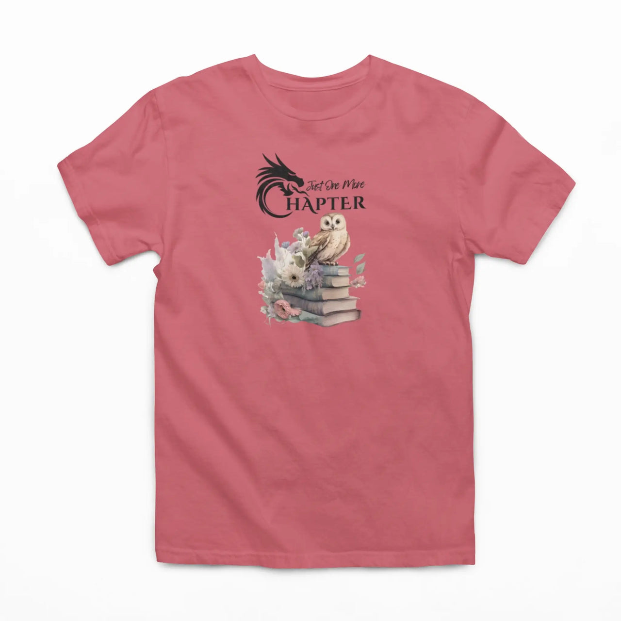 Dark pink Just One More Chapter T-shirt V3 with black text