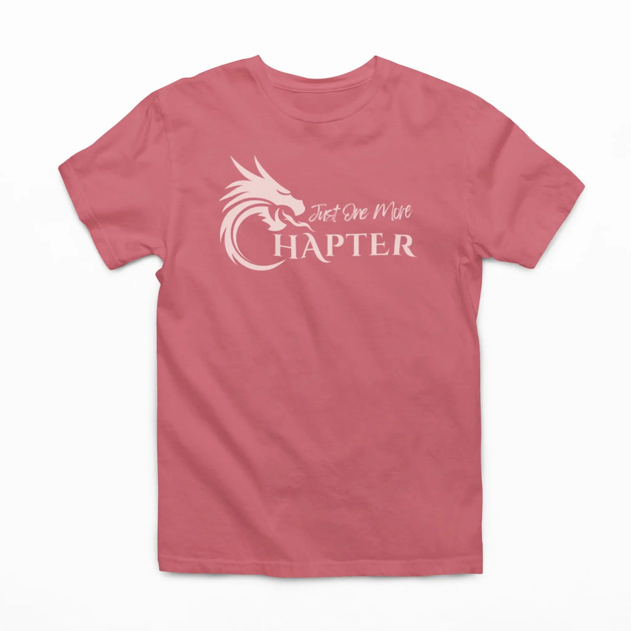 dark pink Just one more chapter tshirt with pink text