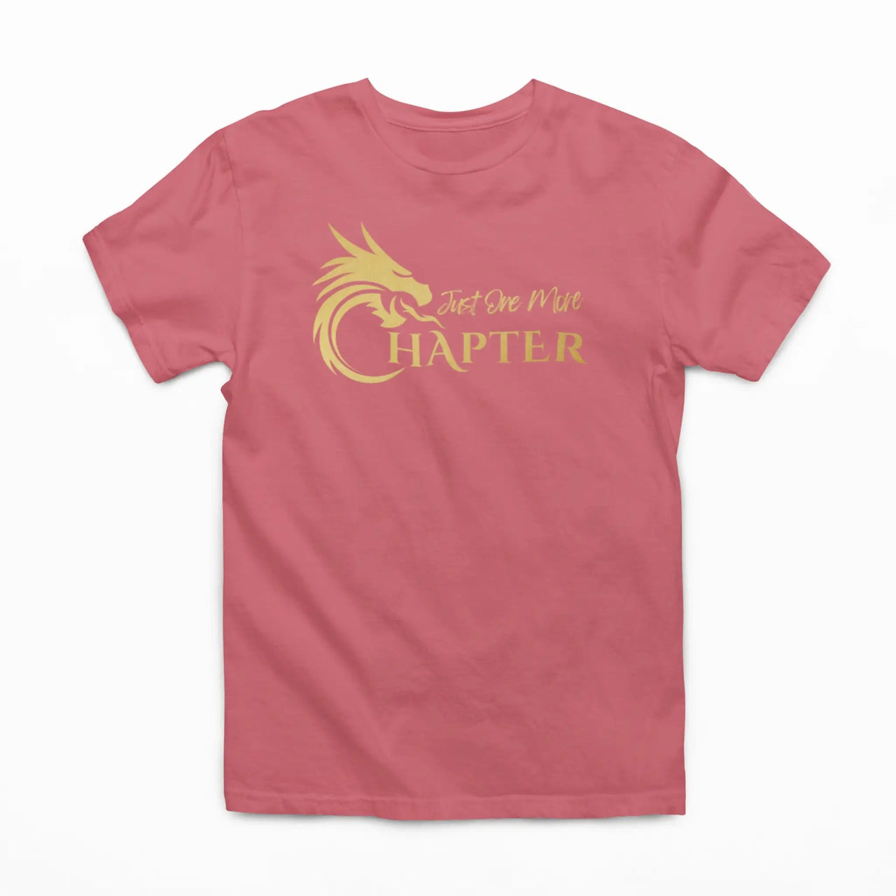 dark pink Just one more chapter tshirt with gold text