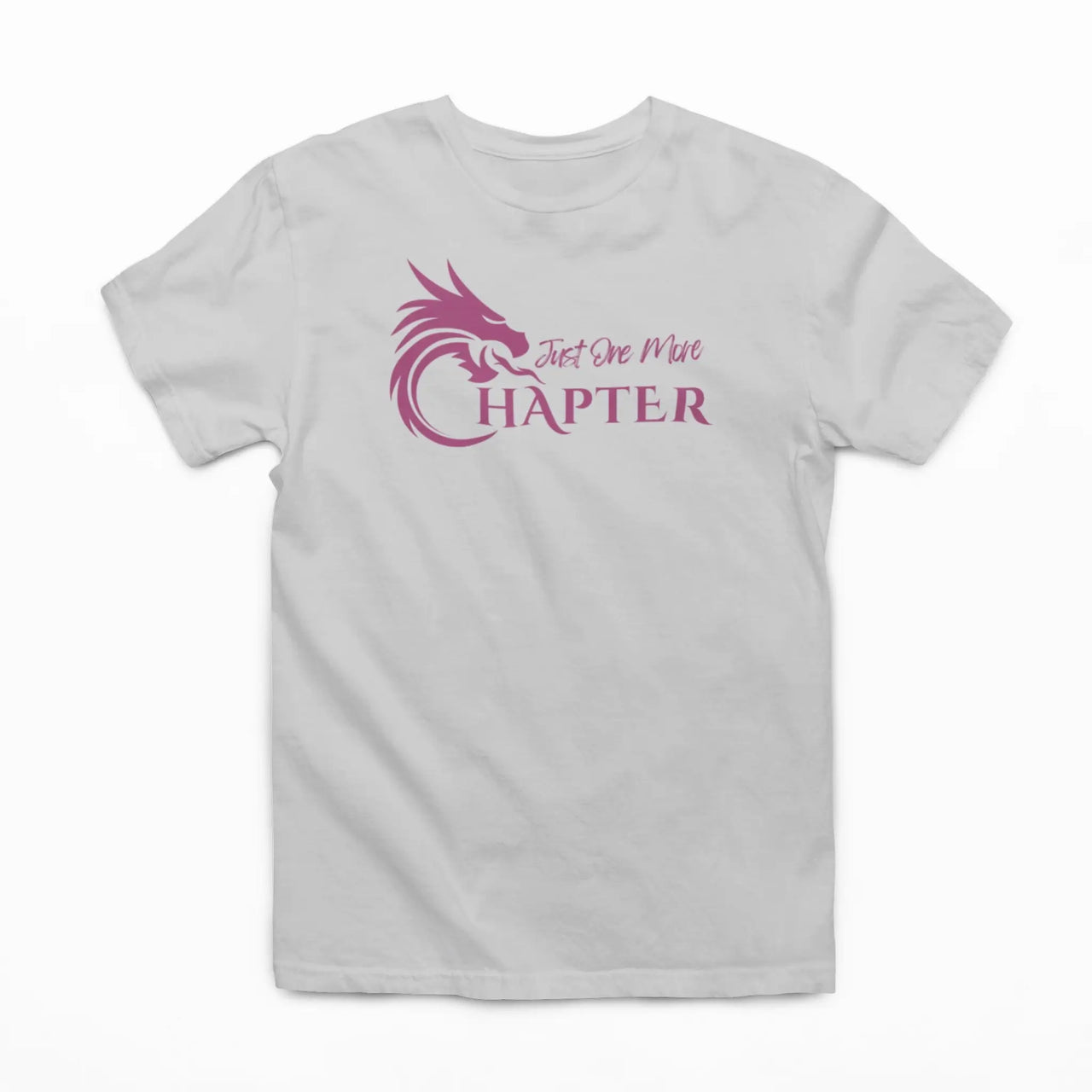 light grey Just one more chapter tshirt with purple text