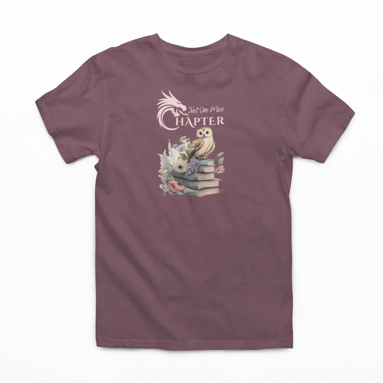 Maroon Just One More Chapter T-shirt V3 with pink text