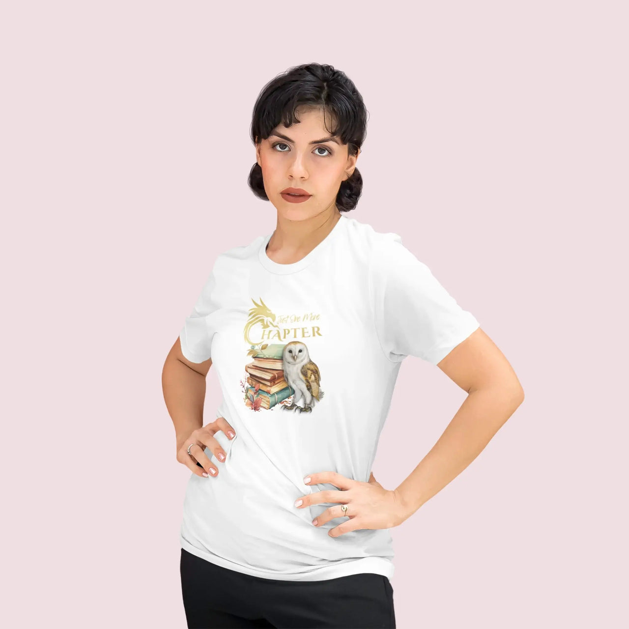 model wearing a White Just One More Chapter Tshirt V2 with gold text