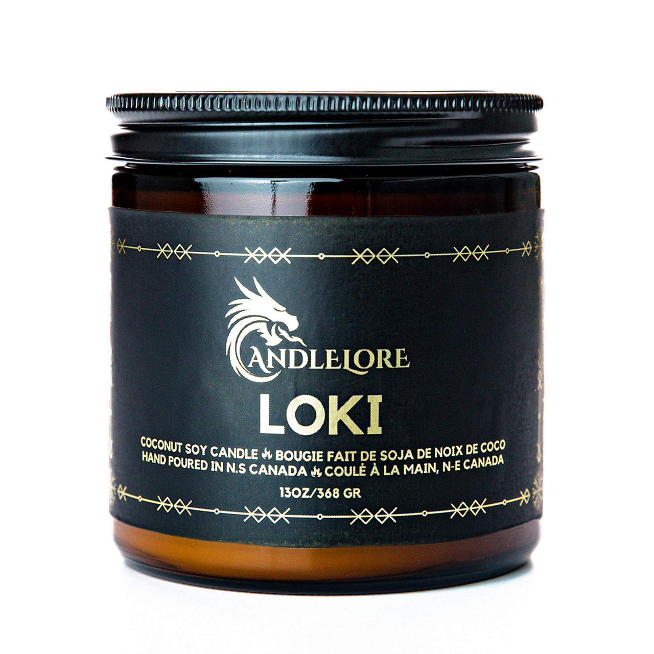 Large Loki scented candle on a white background