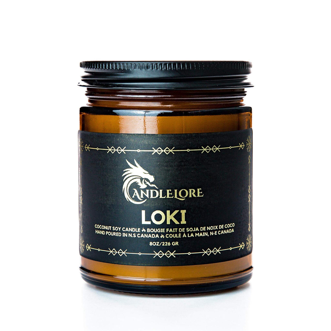 Medium Loki scented candle on a white background