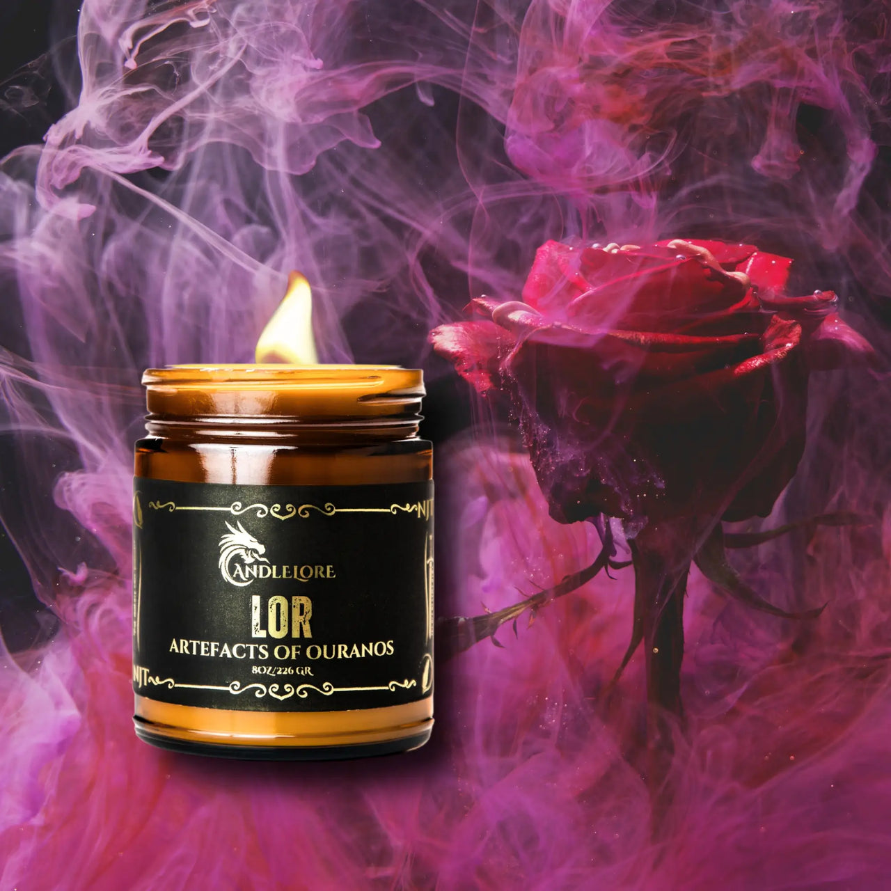 Lor candle beside a rose and pink smoke