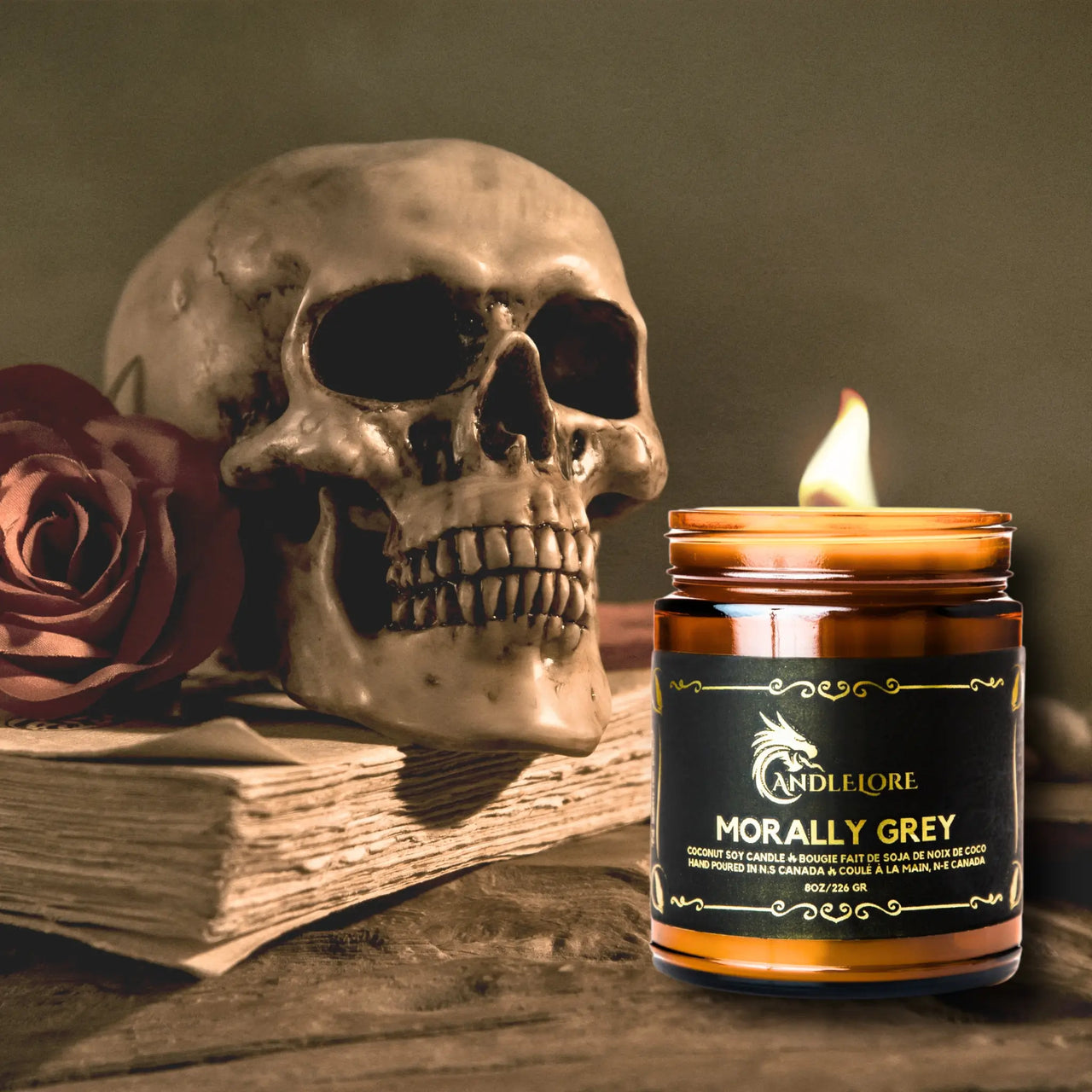 Medium Morally Grey candle with books, rose, and skull