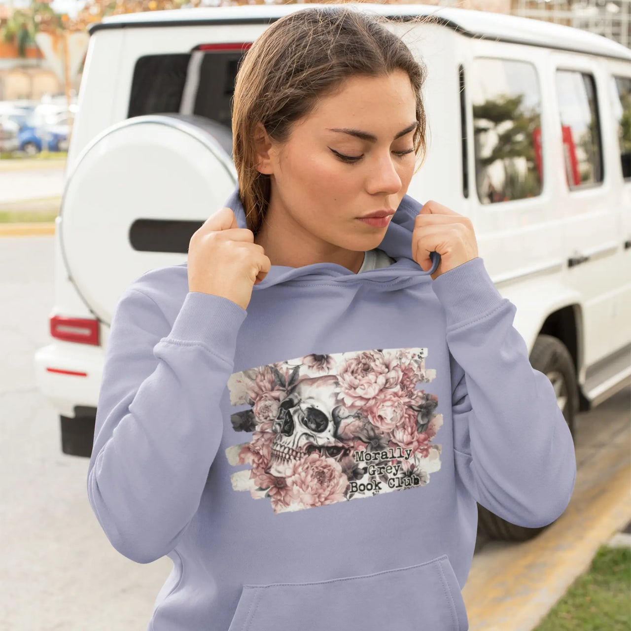 model wearing the Candlelore violet Morally Grey Hoodie V2