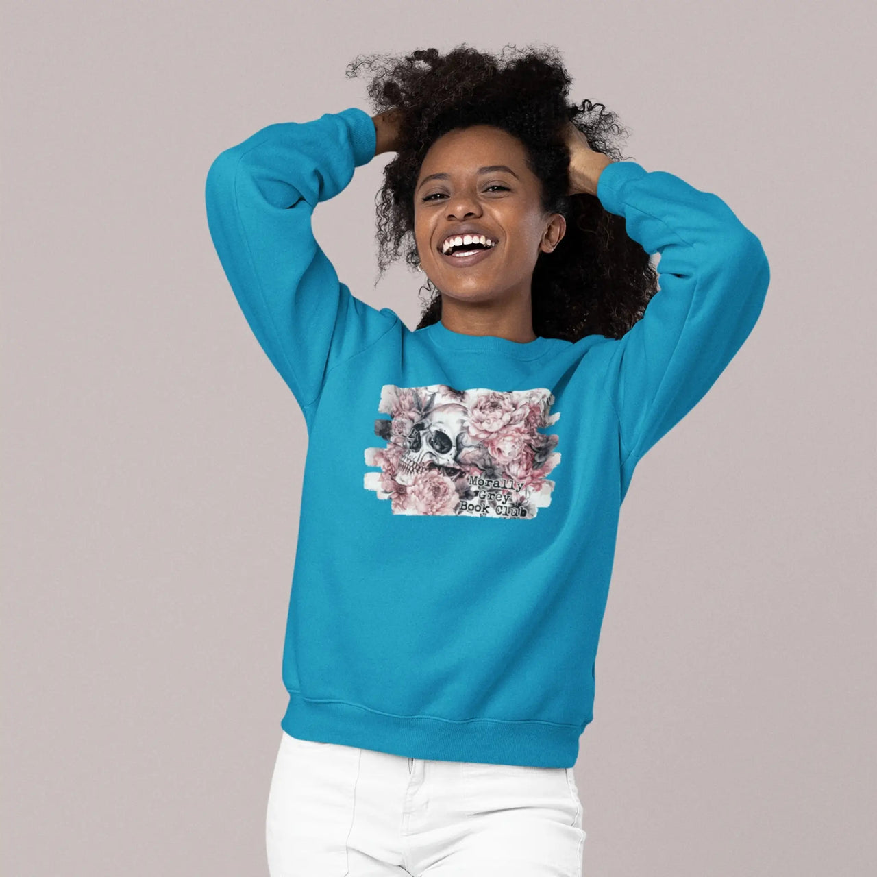 woman showing off a teal morally grey sweatshirt V2