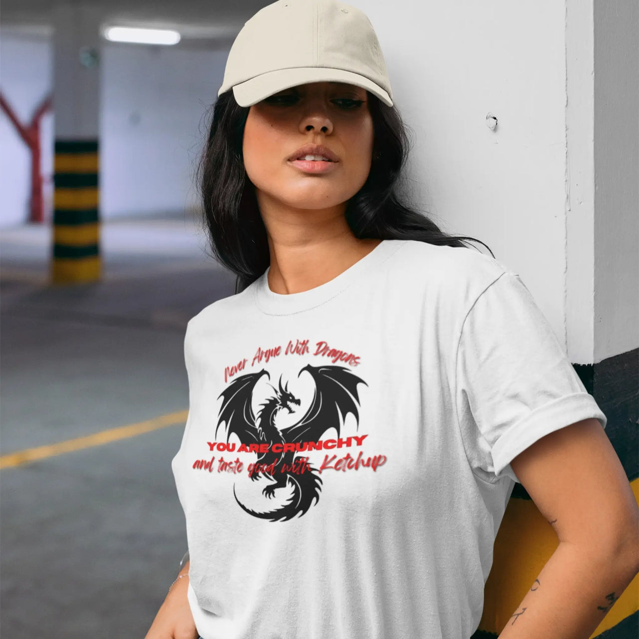 woman wearing a White Never Argue With Dragons Tshirt