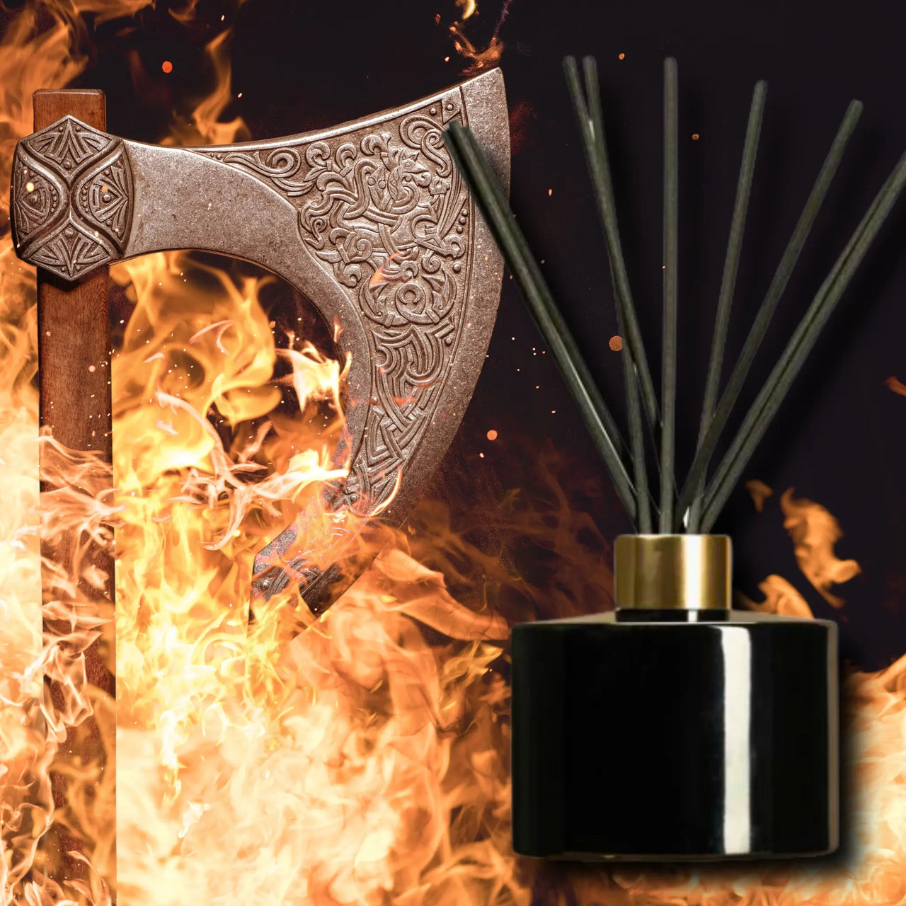 a diffuser next to a viking axe and flames