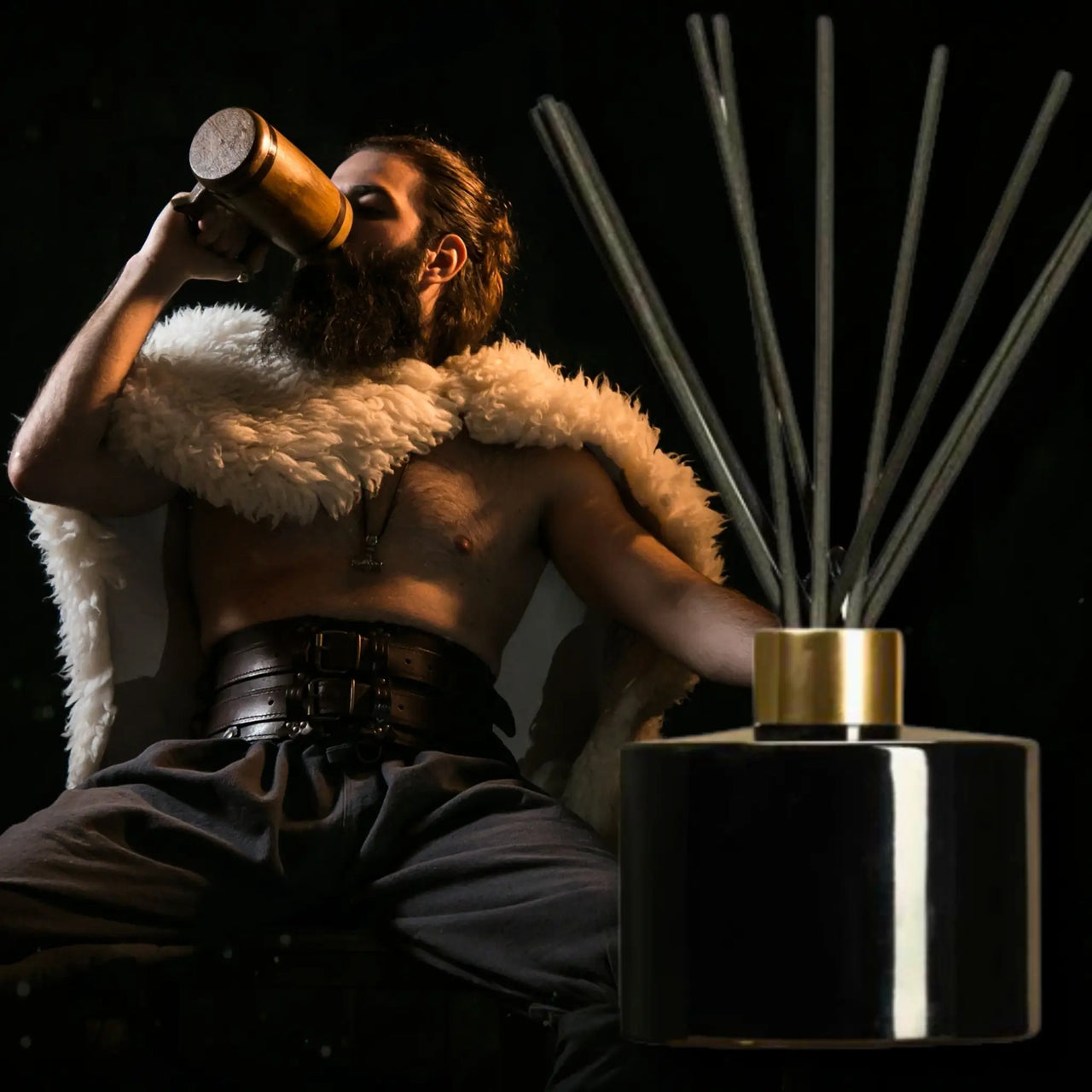 Viking king drinking next to a diffuser