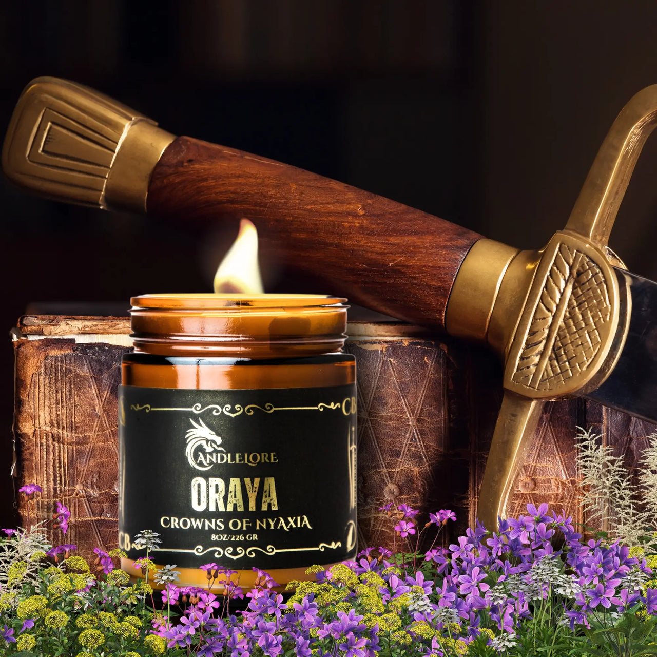 Oraya candle with flowers, leather, and a sword