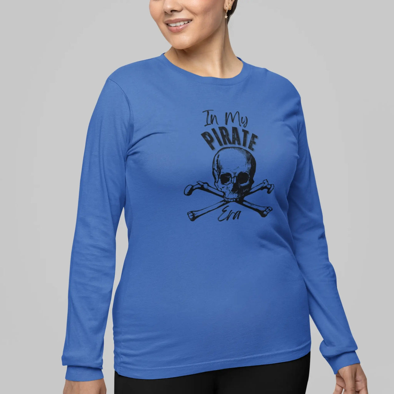 woman wearing an In My Pirate Era long sleeve tshirt in blue