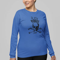 Thumbnail for woman wearing an In My Pirate Era long sleeve tshirt in blue