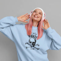 Thumbnail for woman posing wearing a blue In My Pirate Era sweatshirt