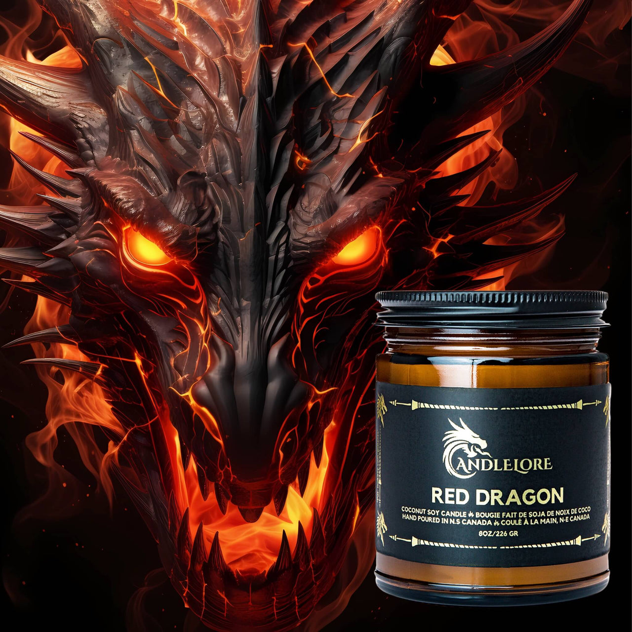candle with a red dragon behind it