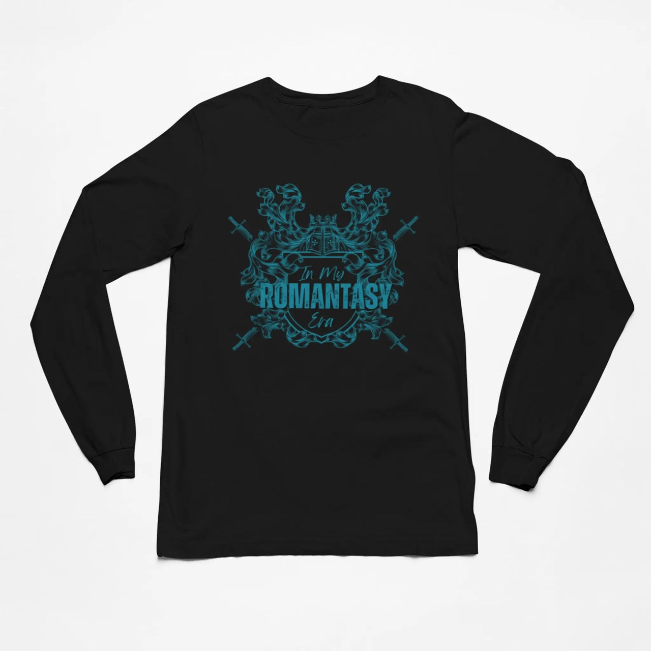 In My Romantasy Era shirt on black with teal text