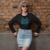 Thumbnail for woman in front of a wall showing off an In My Romantasy Era shirt on black with teal text