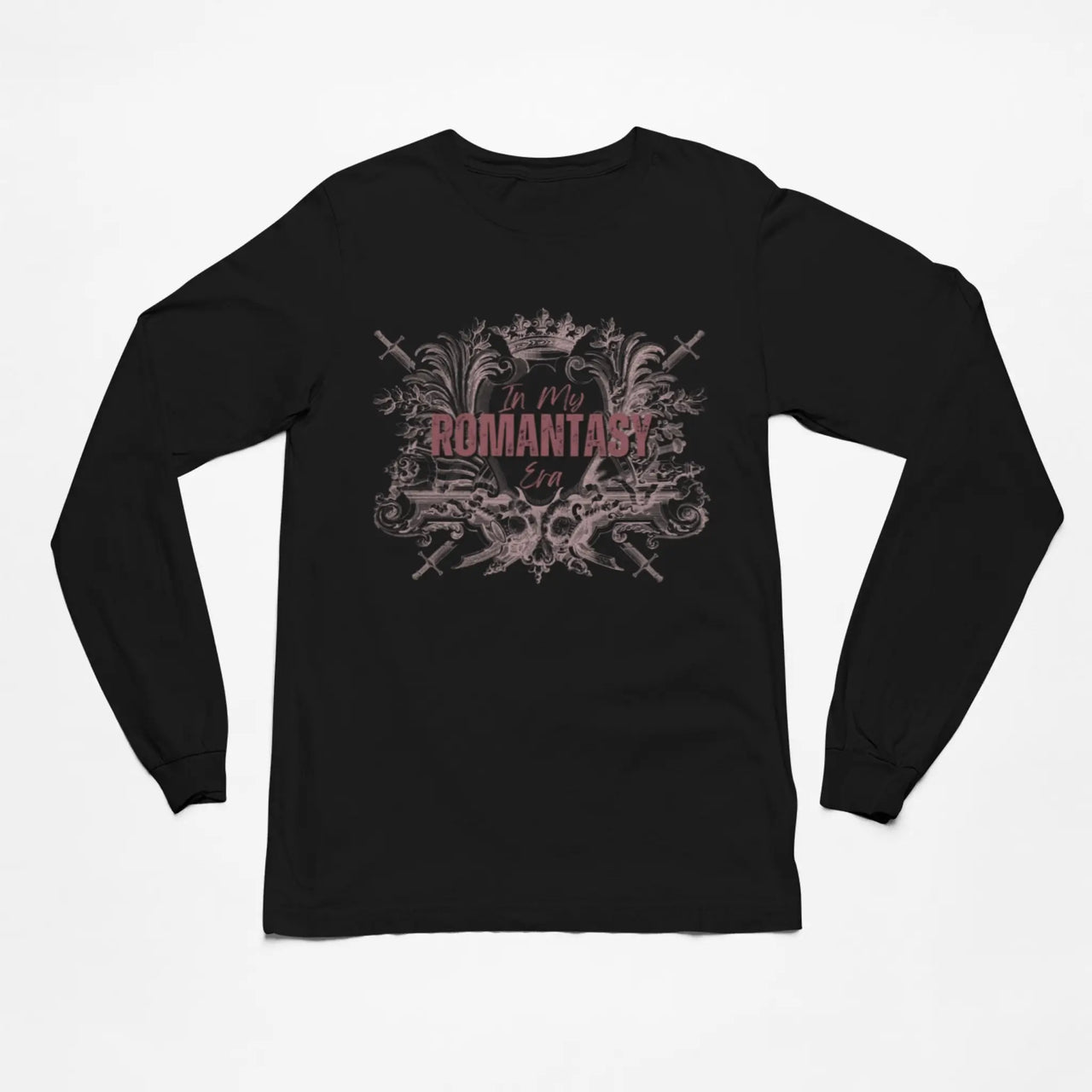 In My Romantasy Era shirt on black with pink text