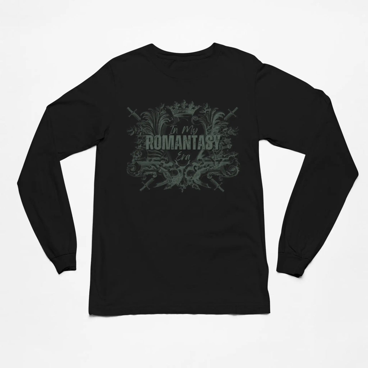 In My Romantasy Era shirt on black with green text