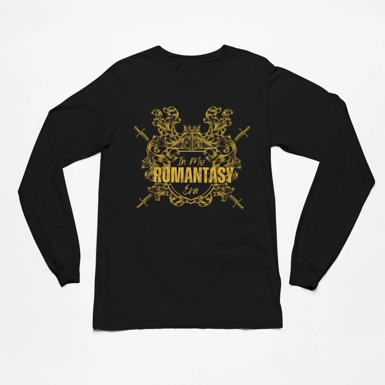 In My Romantasy Era shirt on black with gold text