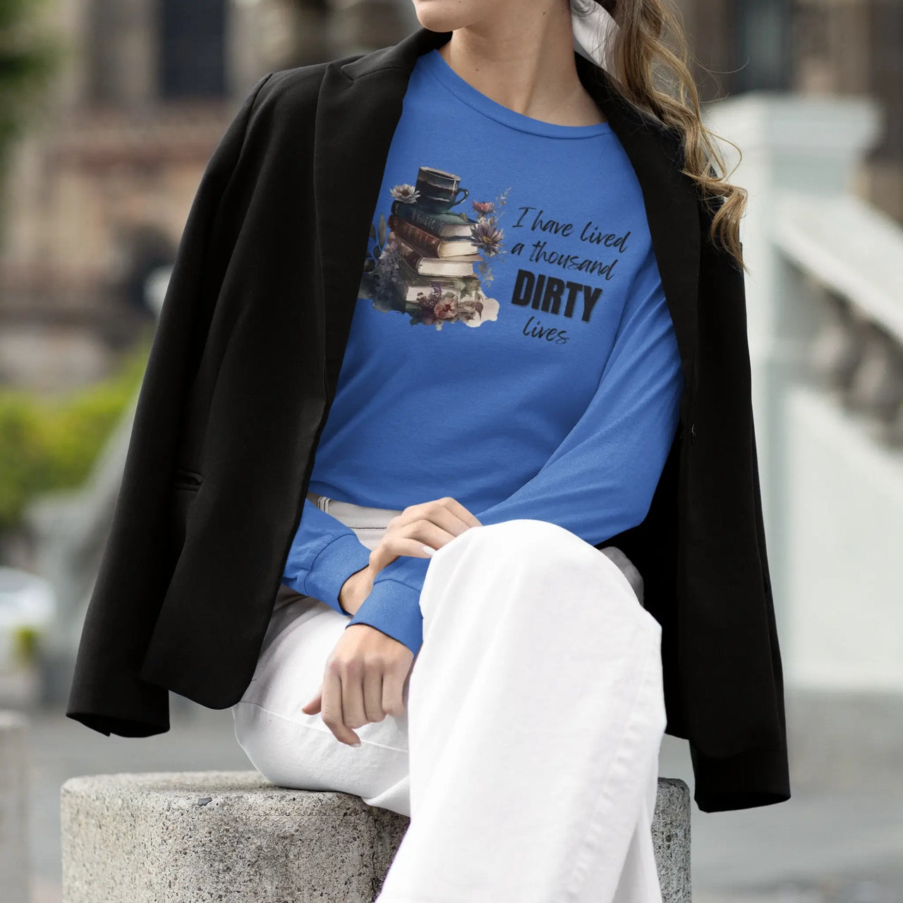 woman wearing a 1000 dirty lives long tee in blue