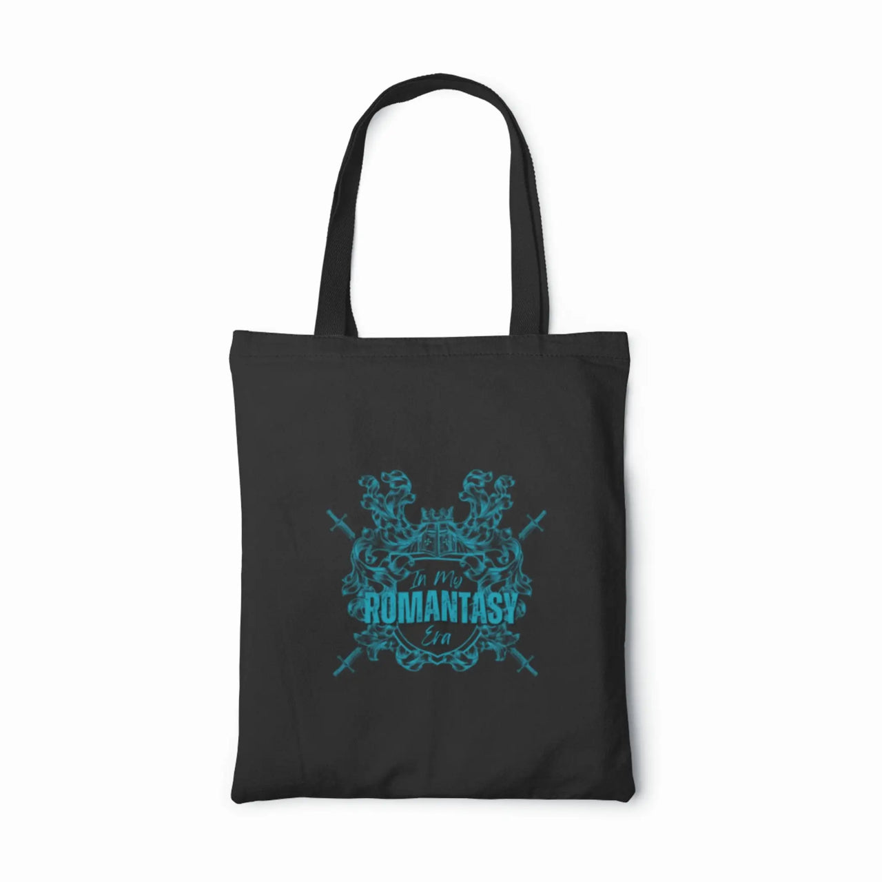 An In my romantasy era tote black bag teal accent