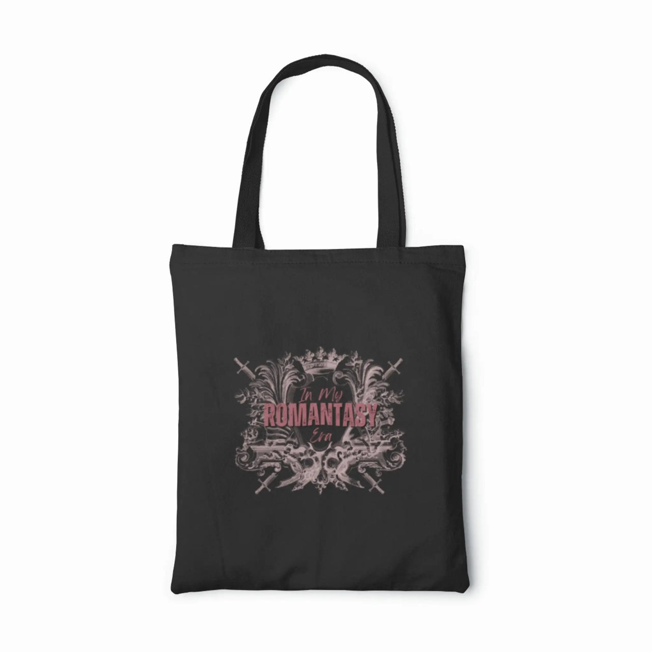 in my romantasy era tote black bag pink accent