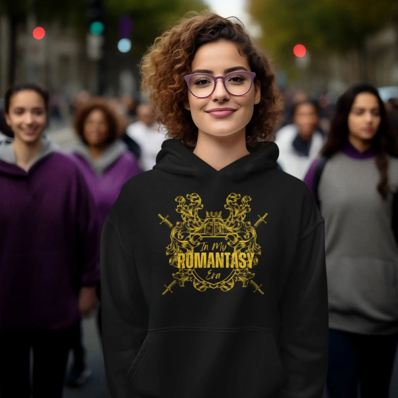 Young woman wearing a Black In My Romantasy Era Hoodie V3 Yellow Design