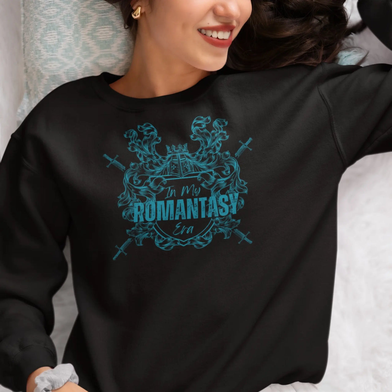 woman wearing a Black In my romantasy era sweatshirt teal design