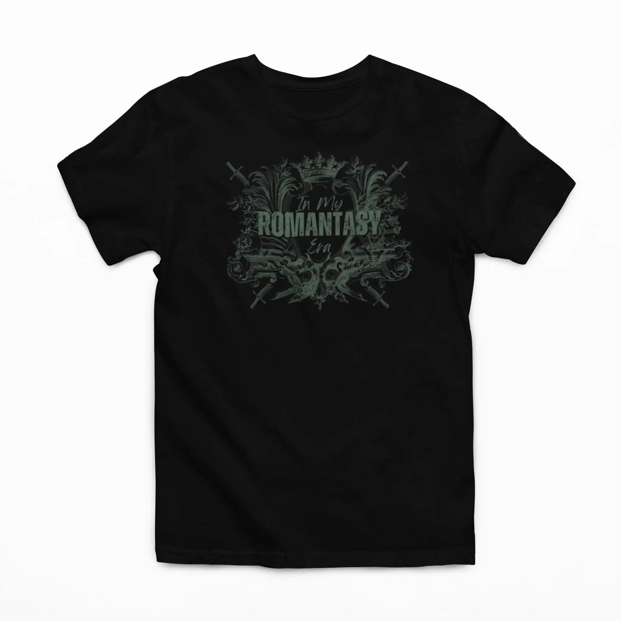 a black In My Romantasy Era T-shirt v5 with green design