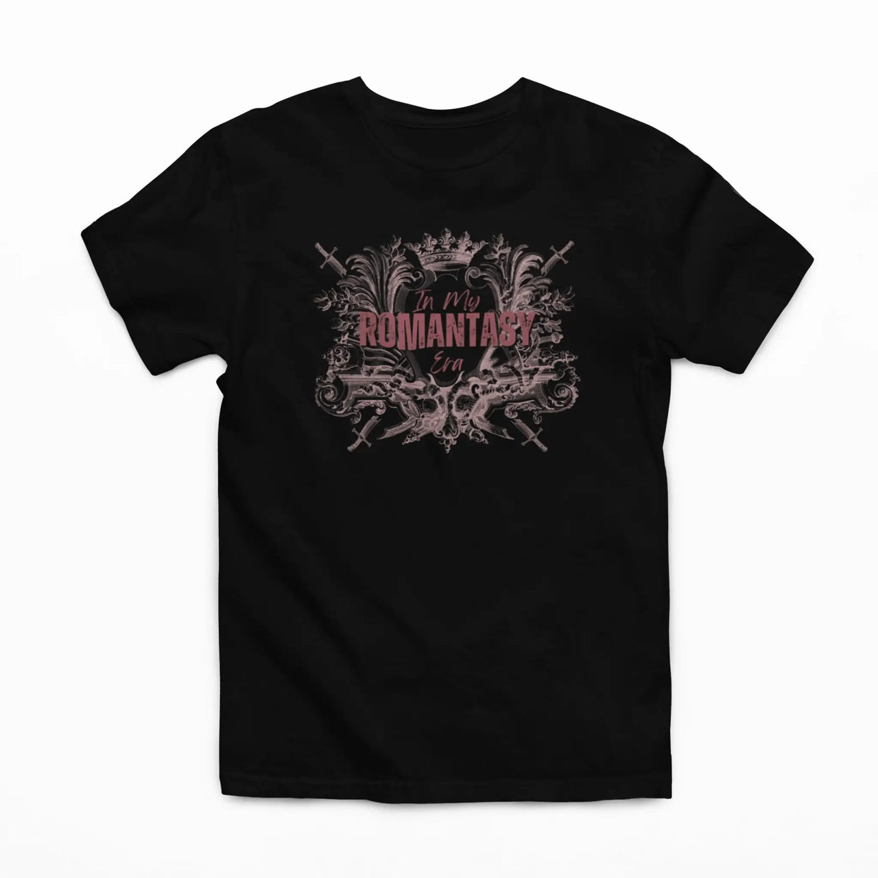 a black In My Romantasy Era T-shirt v5 with pink design