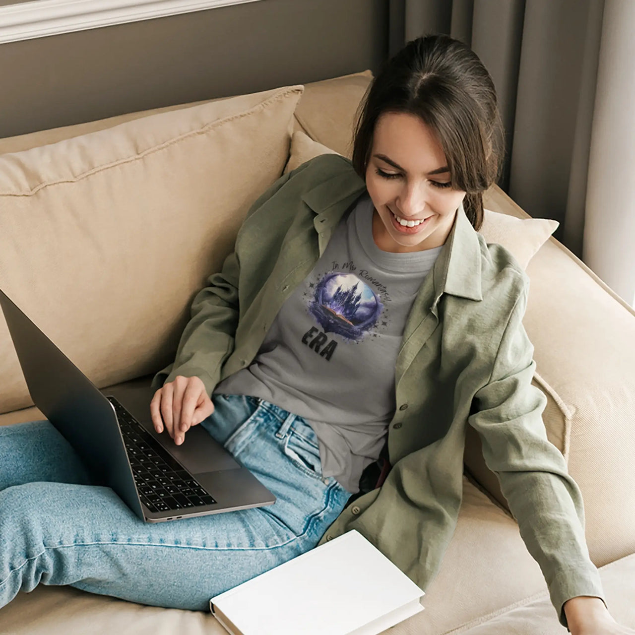 woman relaxing wearing a grey In My Romantasy Era T-shirt