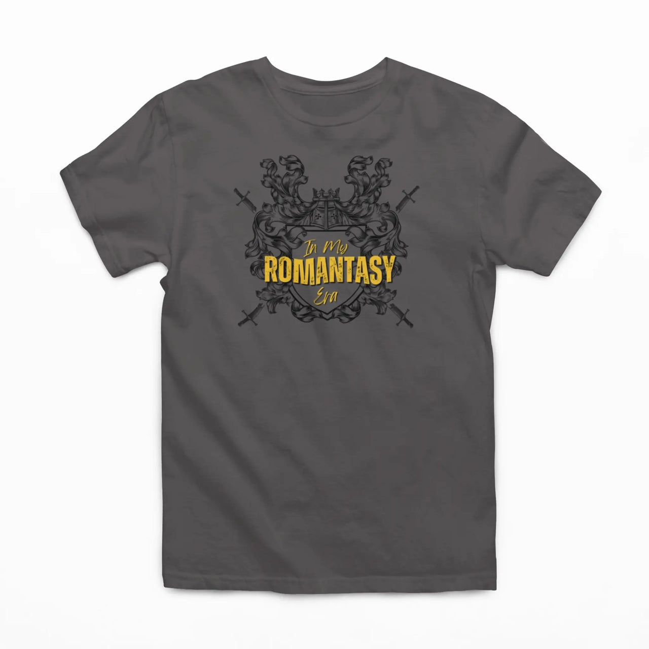 dark grey In My Romantasy Era Tshirt V4 with yellow text