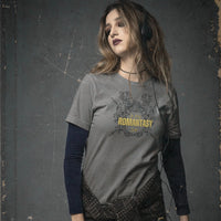 Thumbnail for young woman wearing a dark grey In My Romantasy Era Tshirt V4 with yellow text