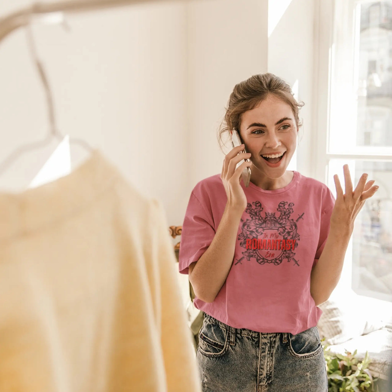 excited young woman wearing a dark pink In My Romantasy Era Tshirt V4