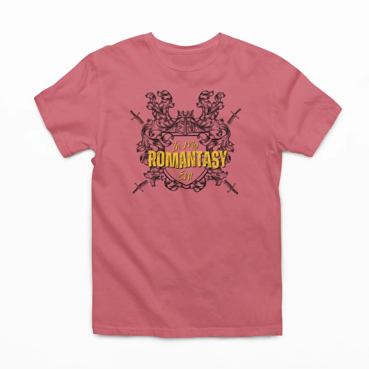 dark pink In My Romantasy Era Tshirt V4 with yellow text