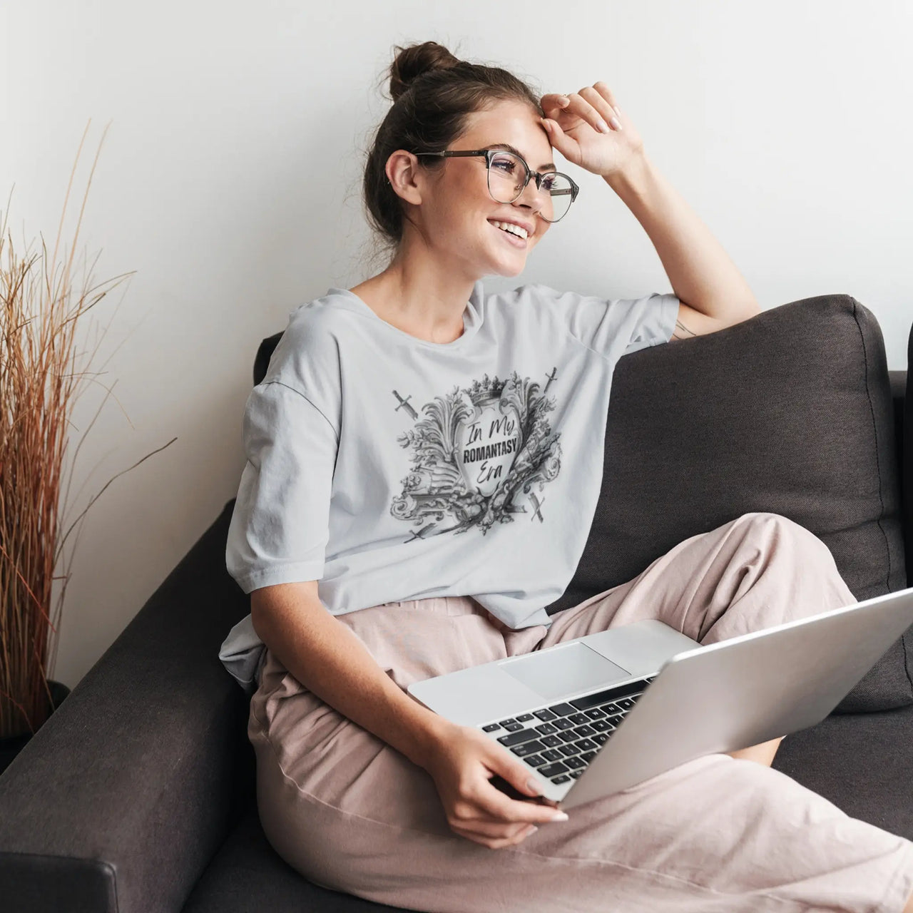 woman wearing an oversized light grey In My Romantasy Era T-shirt V3