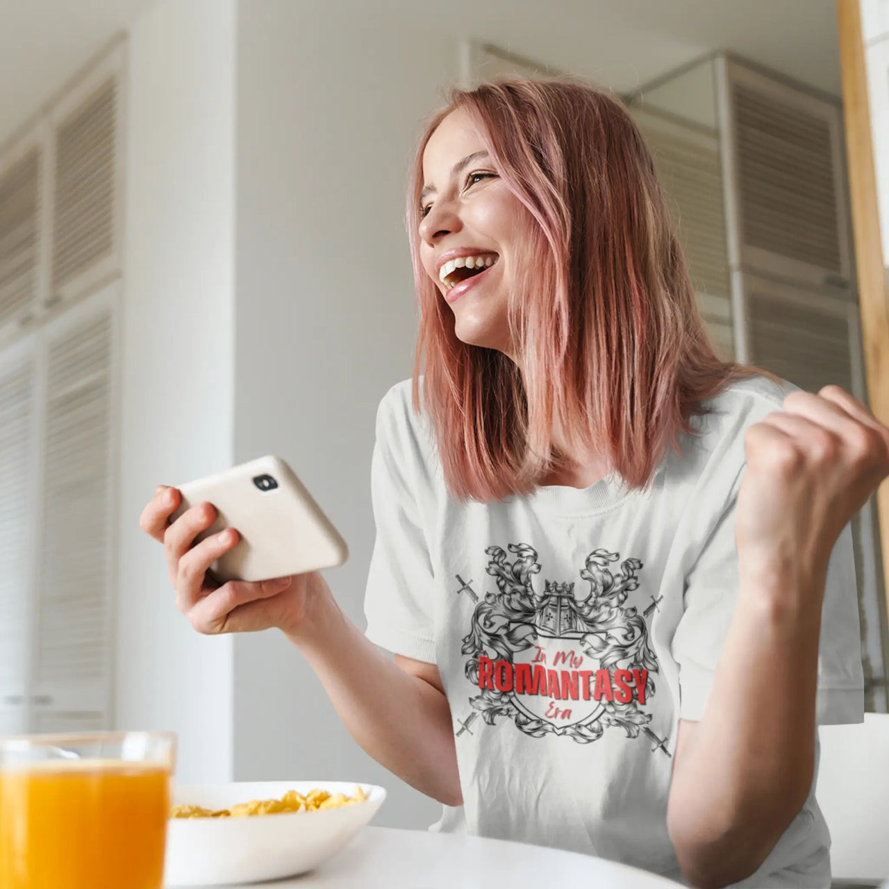 smiling woman wearing a Light grey In My Romantasy Era Tshirt V4