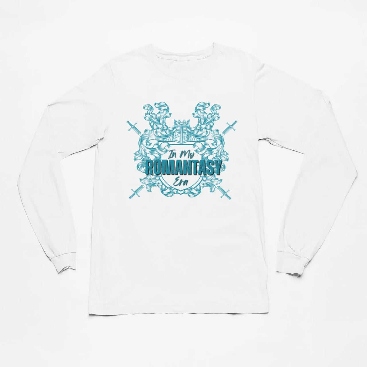 In My Romantasy Era shirt on white with teal text