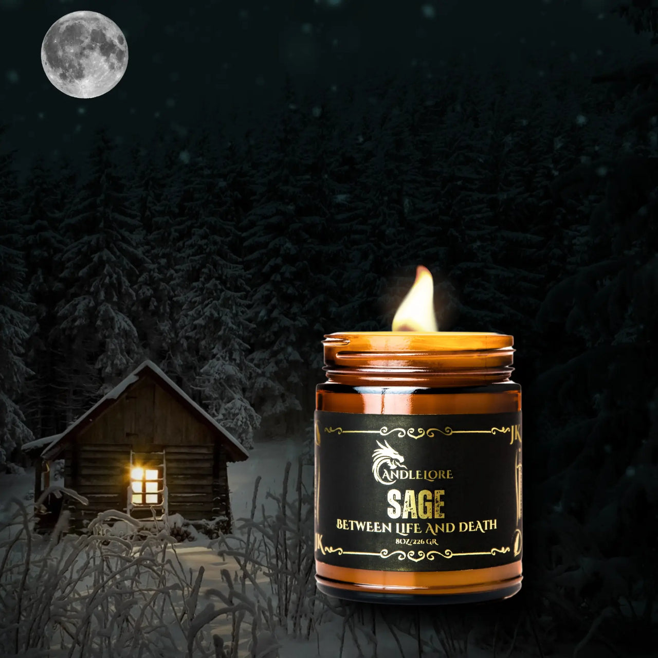 Lit Sage themed candle in the woods with a cabin