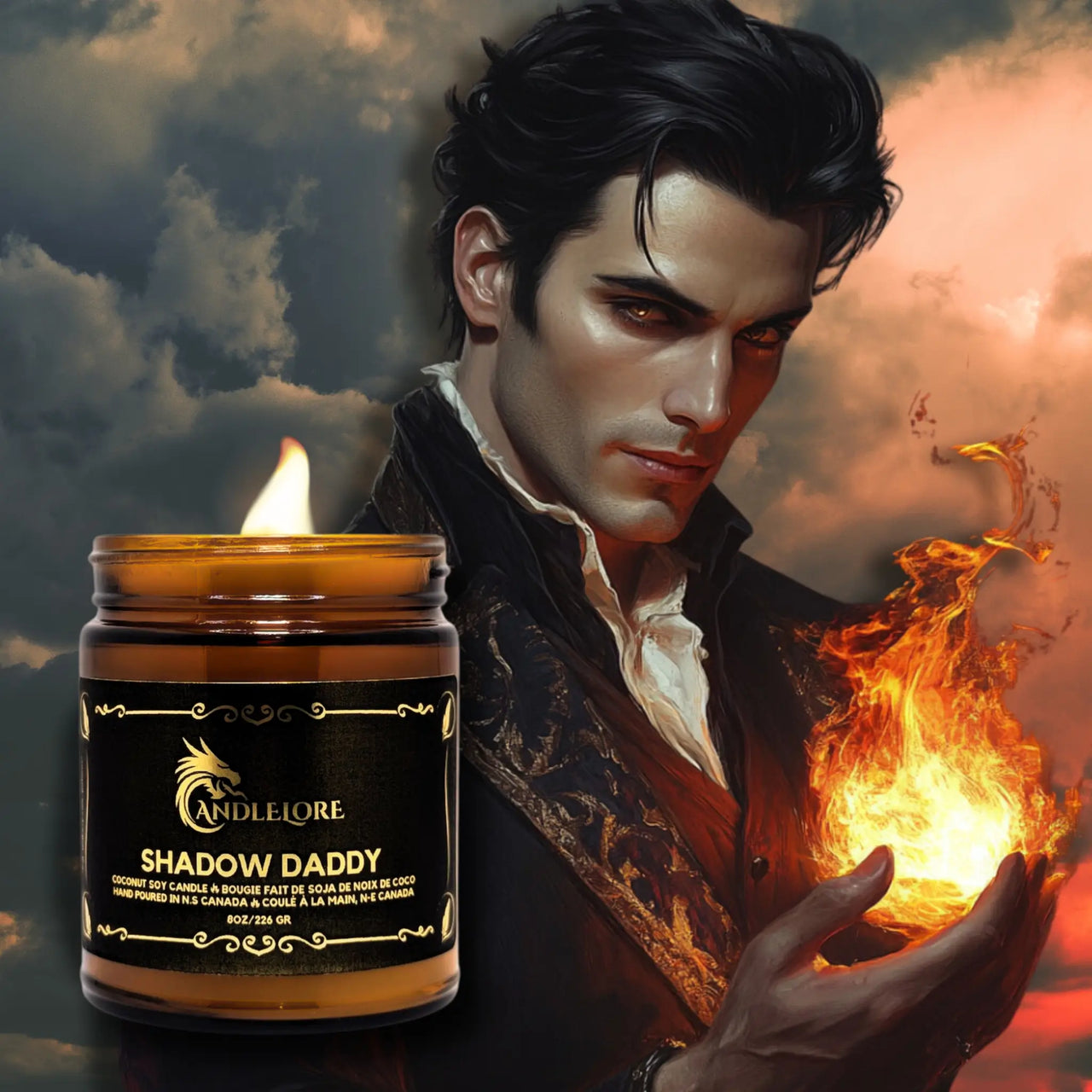 a shadow daddy with flames in his hand next to the candle