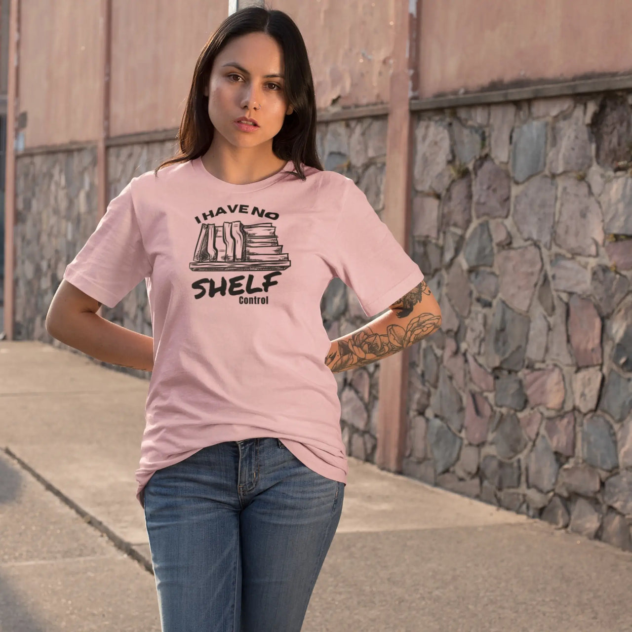 woman posing in a Light Pink I Have No Shelf Control T-Shirt